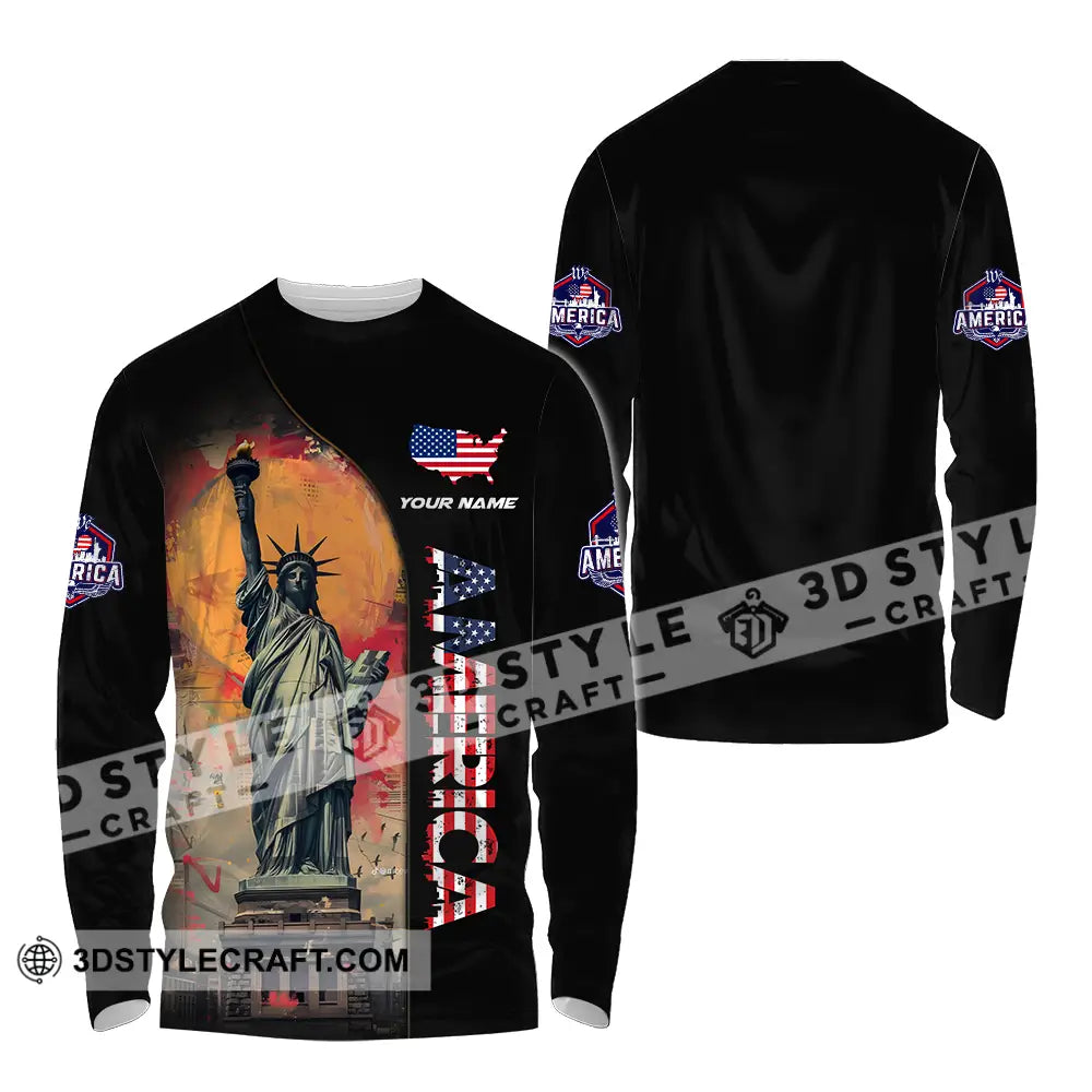 Unisex Shirt - Custom Name America Flag Color Long Sleeve / S T-Shirt