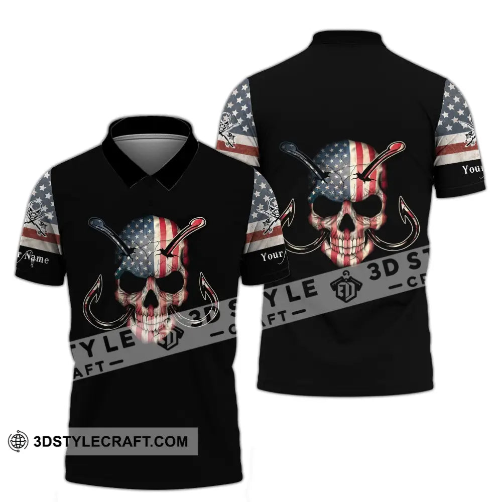 Unisex Shirt - Custom Name America Skull Fishing Polo / S T-Shirt