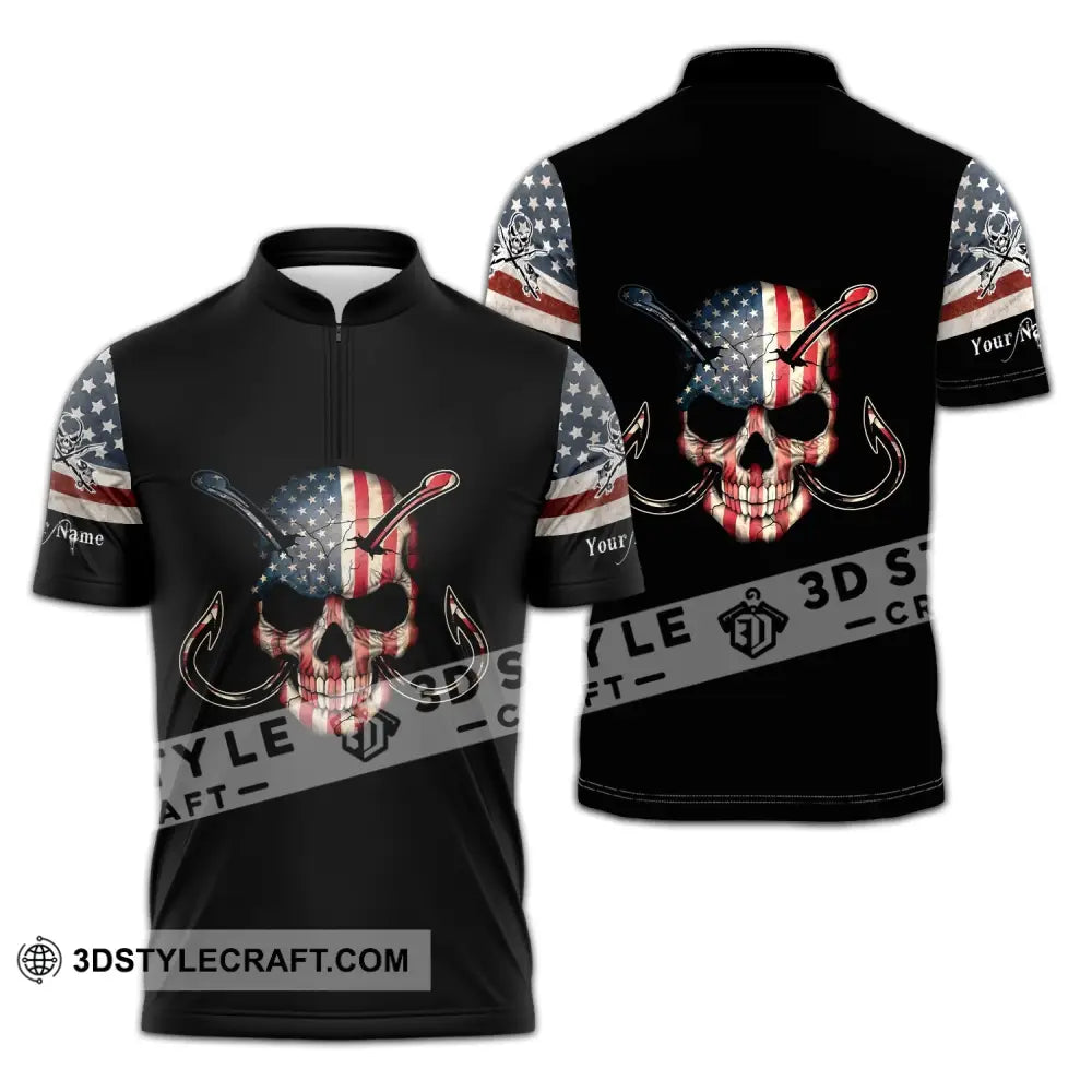 Unisex Shirt - Custom Name America Skull Fishing Zipper Polo / S T-Shirt