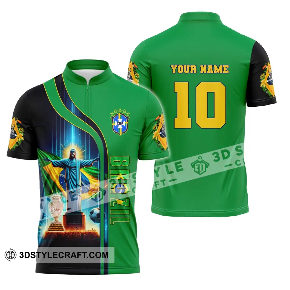 Unisex Shirt Custom Name And Number Brazil Football T-Shirt Euro 2024 Polo Long Sleeve Zipper / S