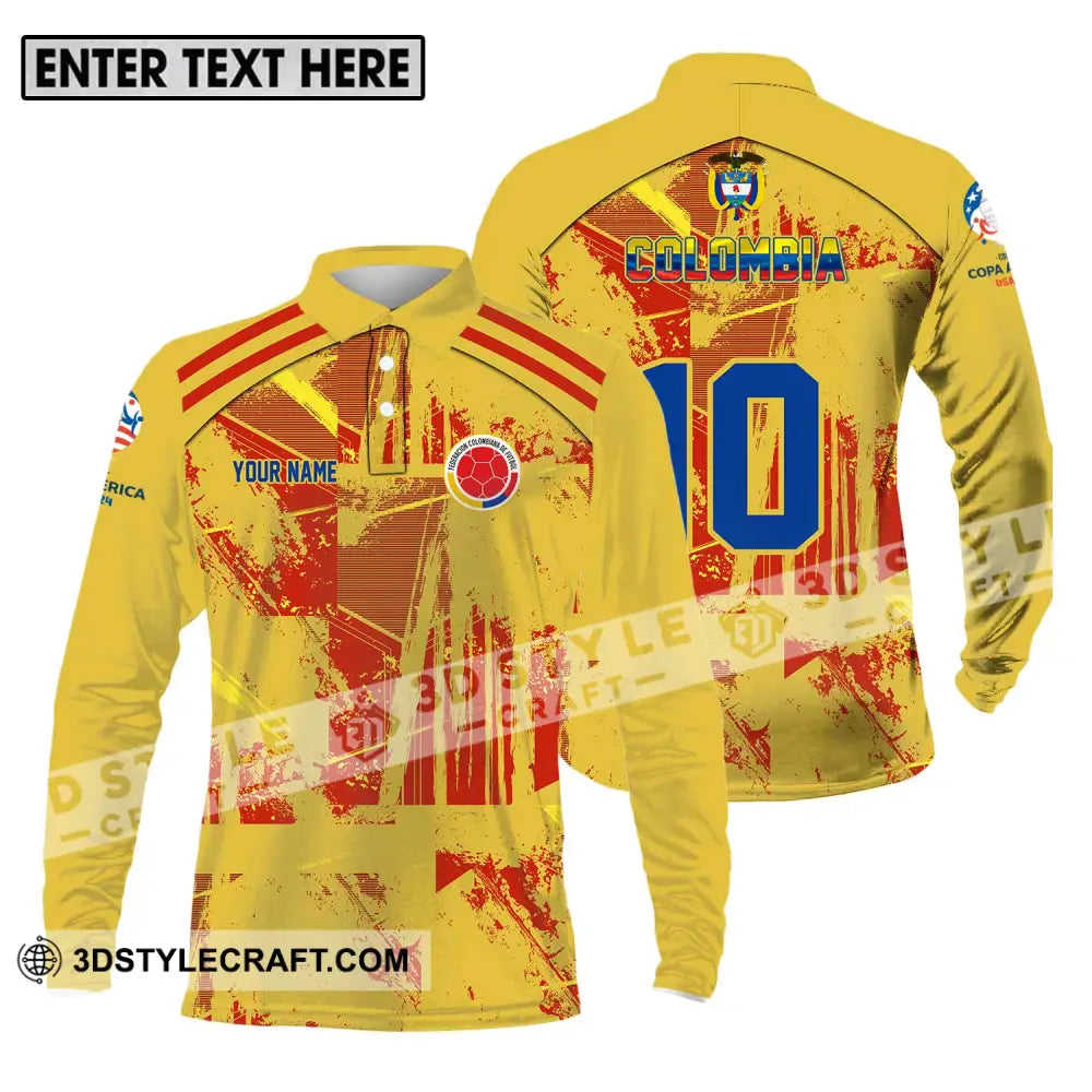 Unisex Shirt - Custom Name And Number Copa America Golden Colombia Long Sleeve Polo / S T-Shirt