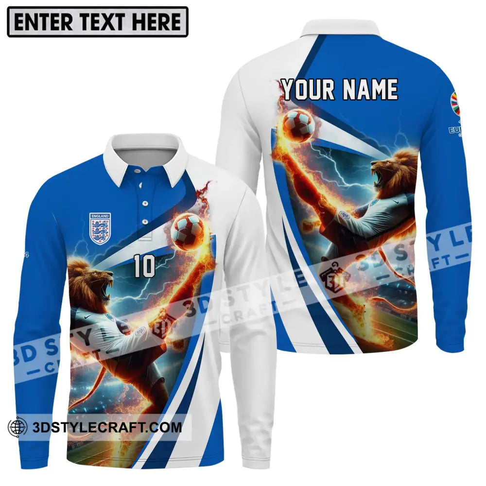 Unisex Shirt - Custom Name And Number England Lion Playing Fire Ball Long Sleeve Polo / S T-Shirt