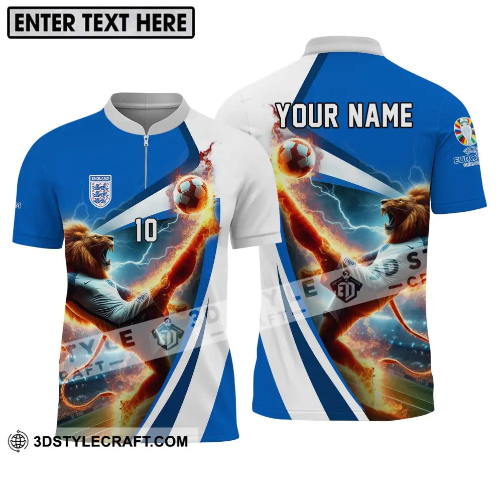 Unisex Shirt - Custom Name And Number England Lion Playing Fire Ball Zipper Polo / S T-Shirt