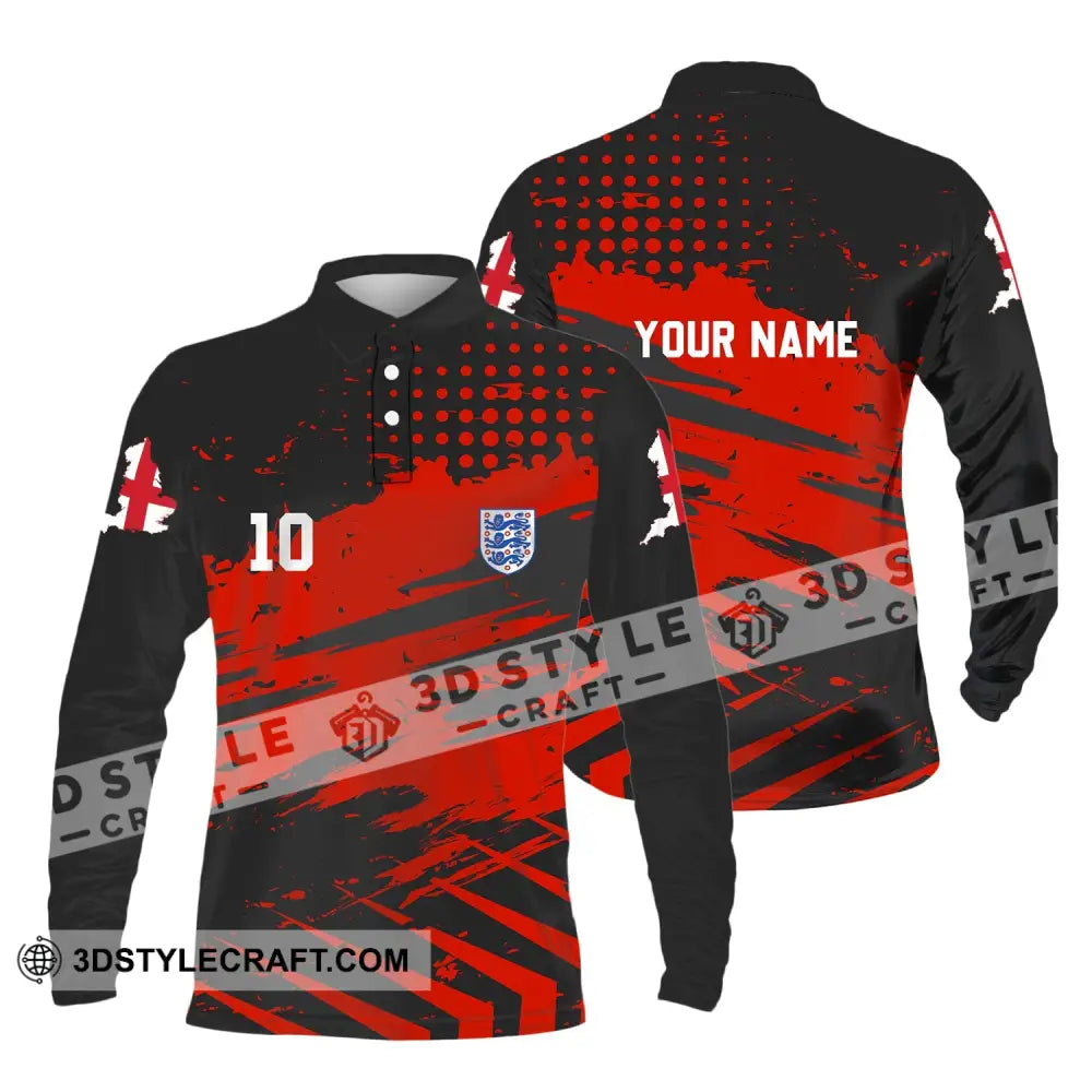 Unisex Shirt - Custom Name And Number England Team Lover Black Red Euro 2024 Long Sleeve Polo / S