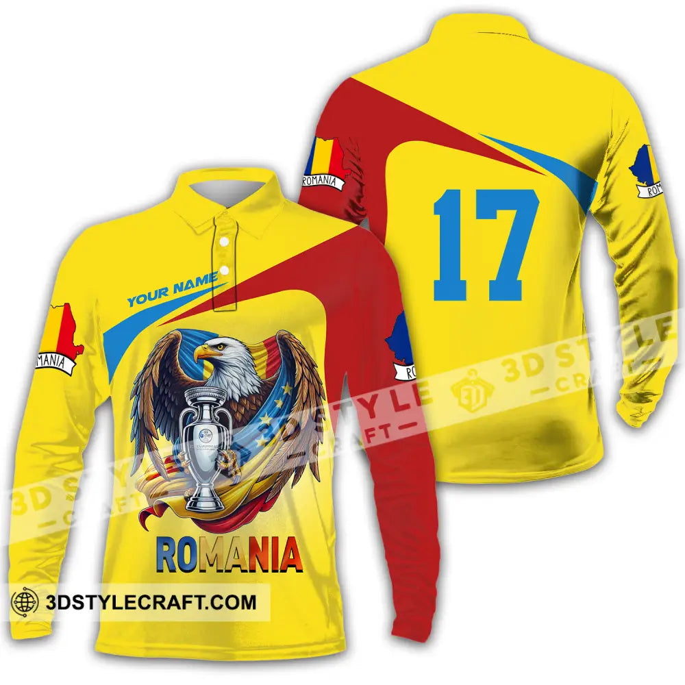 Unisex Shirt - Custom Name And Number Euro 2024 Cup Romania Gold Long Sleeve Polo / S T-Shirt