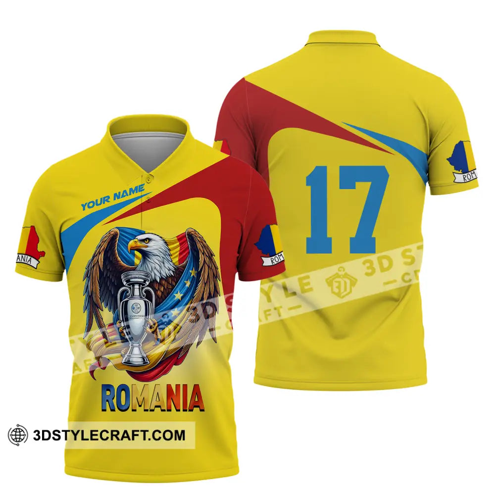 Unisex Shirt - Custom Name And Number Euro 2024 Cup Romania Gold Polo / S T-Shirt