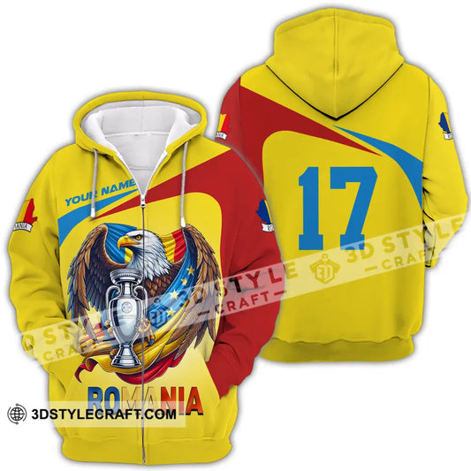 Unisex Shirt - Custom Name And Number Euro 2024 Cup Romania Gold Zipper Hoodie / S T-Shirt