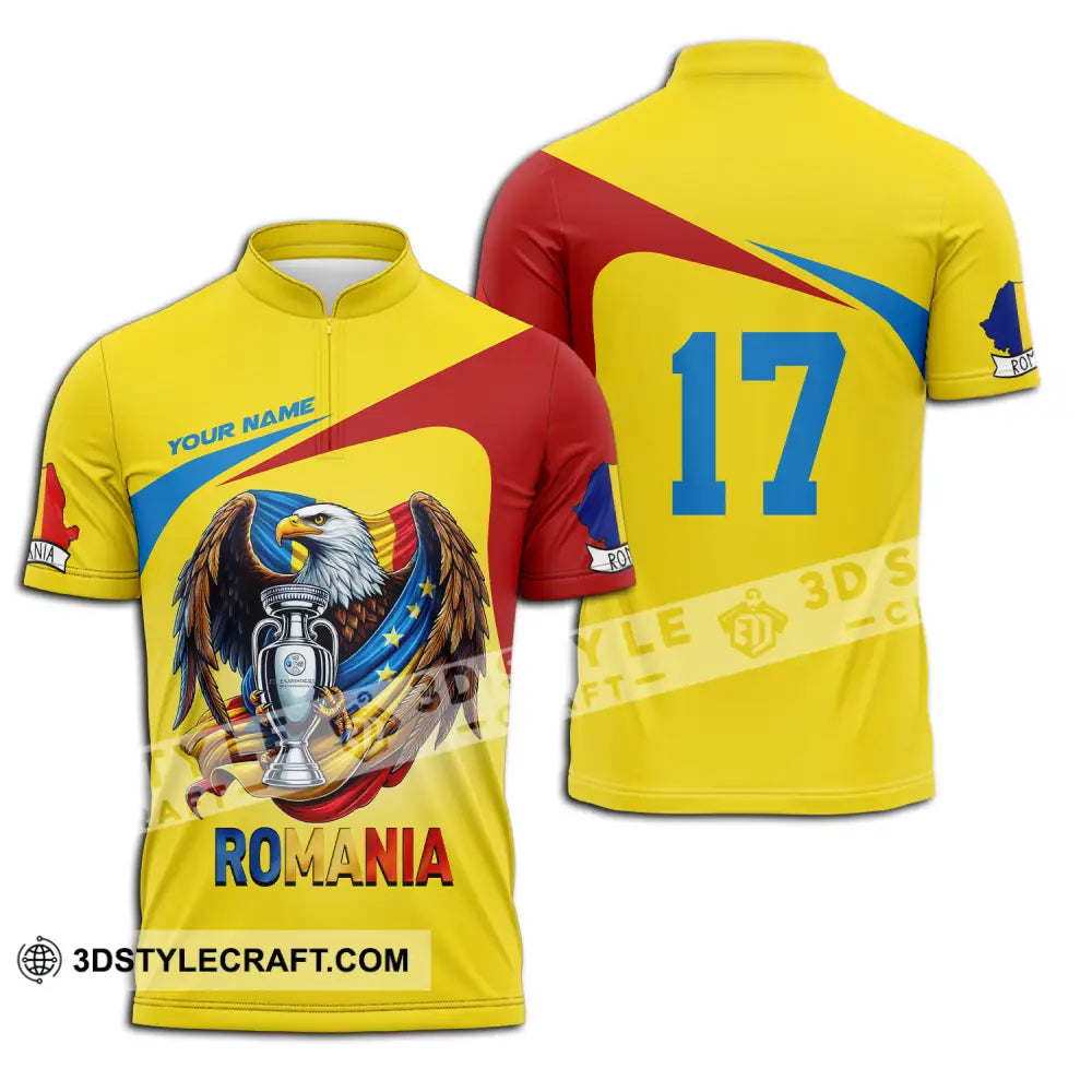 Unisex Shirt - Custom Name And Number Euro 2024 Cup Romania Gold Zipper Polo / S T-Shirt