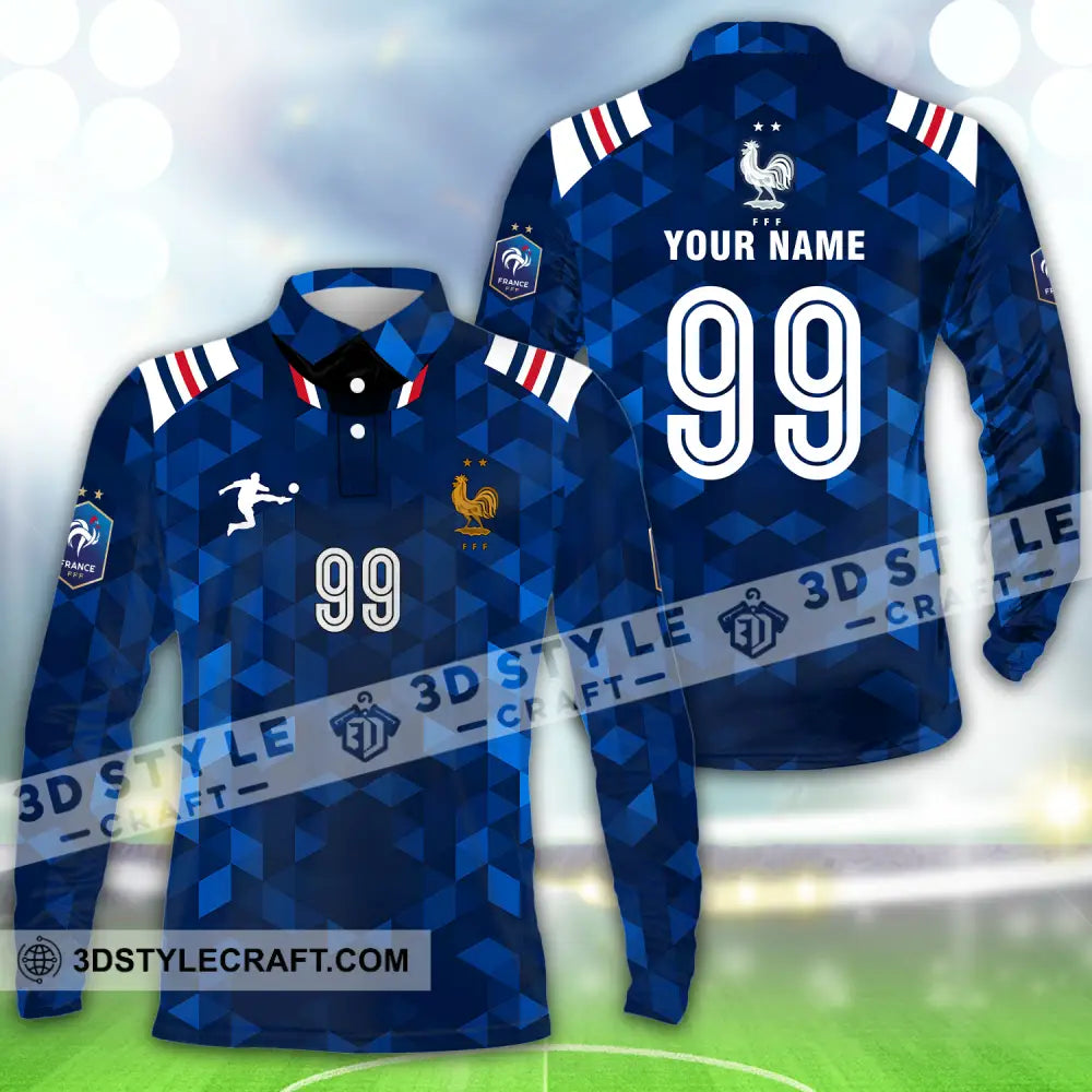 Unisex Shirt - Custom Name And Number Euro 2024 France Fff National Team Blue Long Sleeve Polo / S