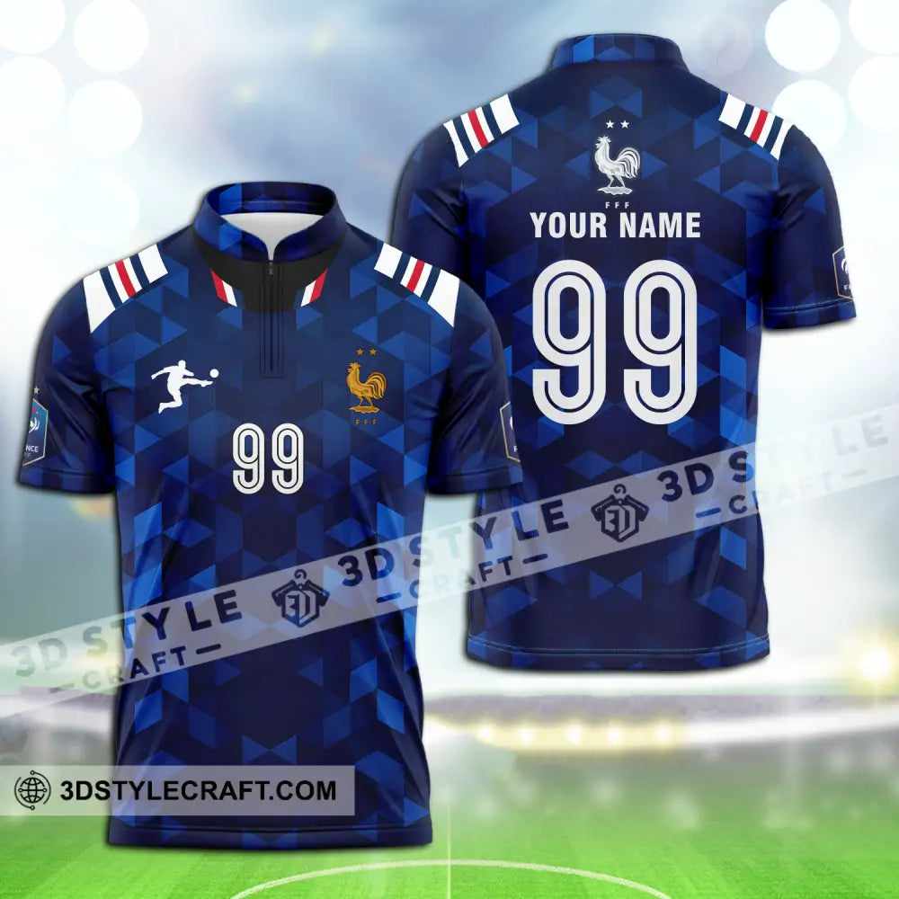 Unisex Shirt - Custom Name And Number Euro 2024 France Fff National Team Blue Zipper Polo / S