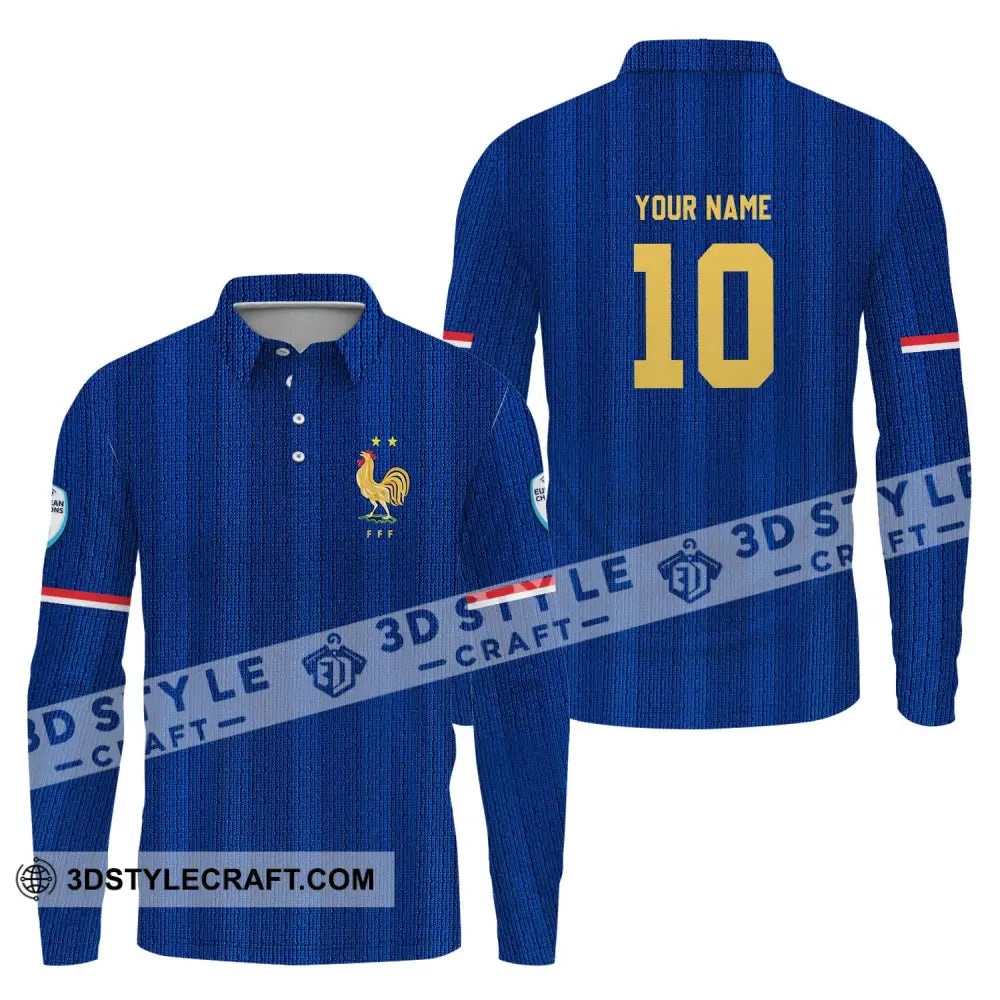 Unisex Shirt - Custom Name And Number Euro 2024 France National Team Blue Long Sleeve Polo / S