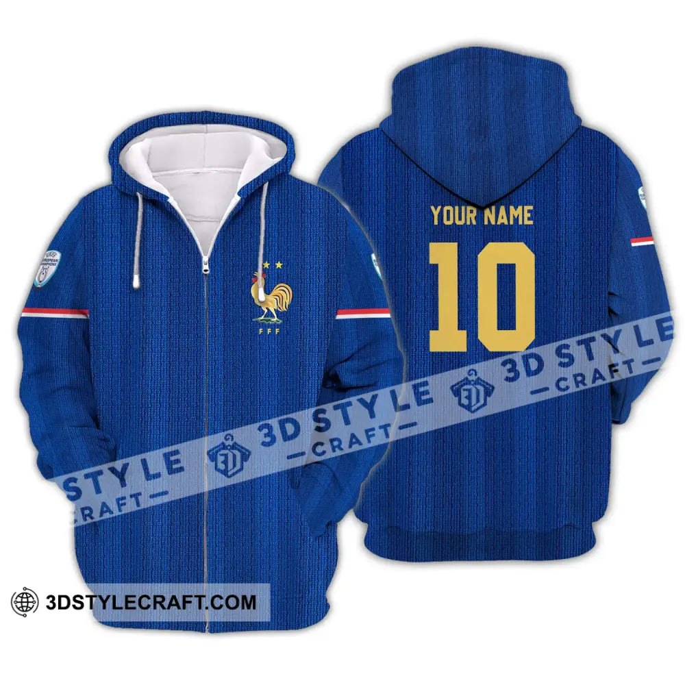 Unisex Shirt - Custom Name And Number Euro 2024 France National Team Blue Zipper Hoodie / S T-Shirt