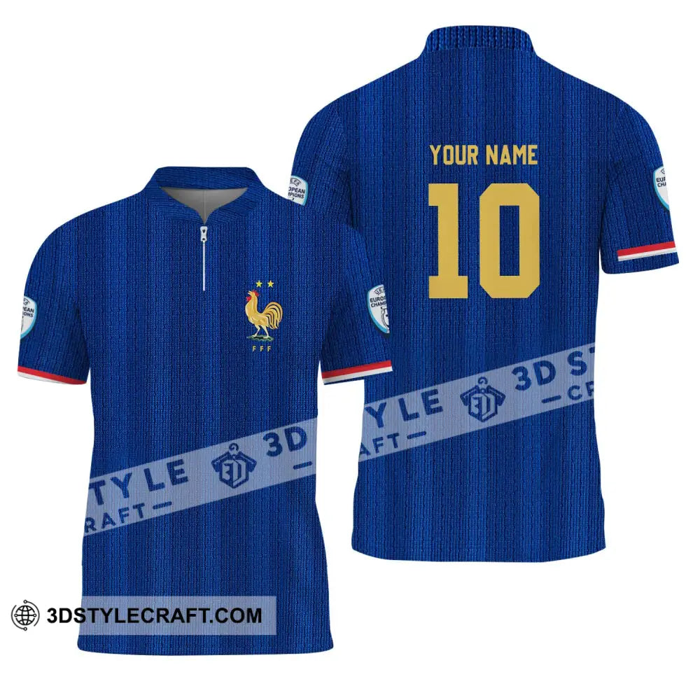 Unisex Shirt - Custom Name And Number Euro 2024 France National Team Blue Zipper Polo / S T-Shirt