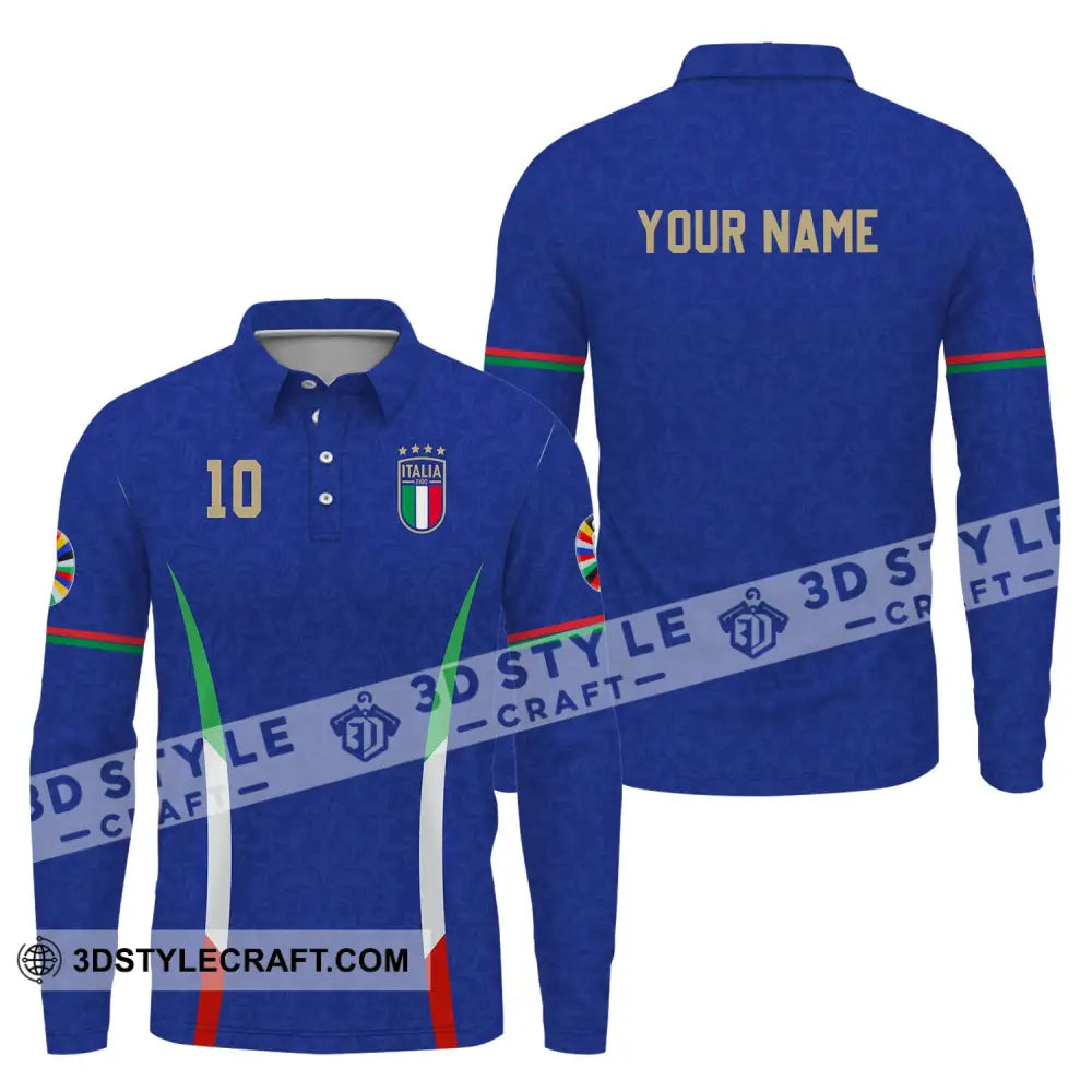 Unisex Shirt - Custom Name And Number Euro 2024 Italy National Team Blue Long Sleeve Polo / S