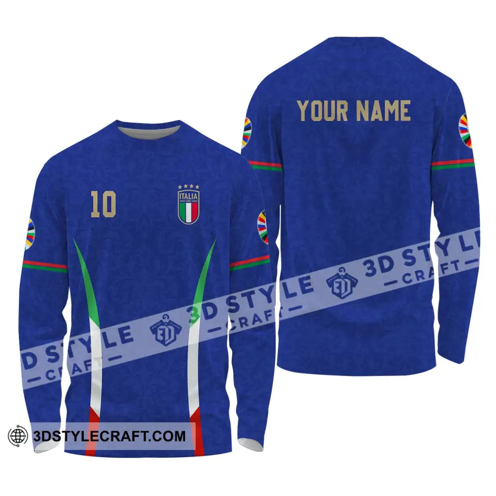 Unisex Shirt - Custom Name And Number Euro 2024 Italy National Team Blue Long Sleeve / S T-Shirt