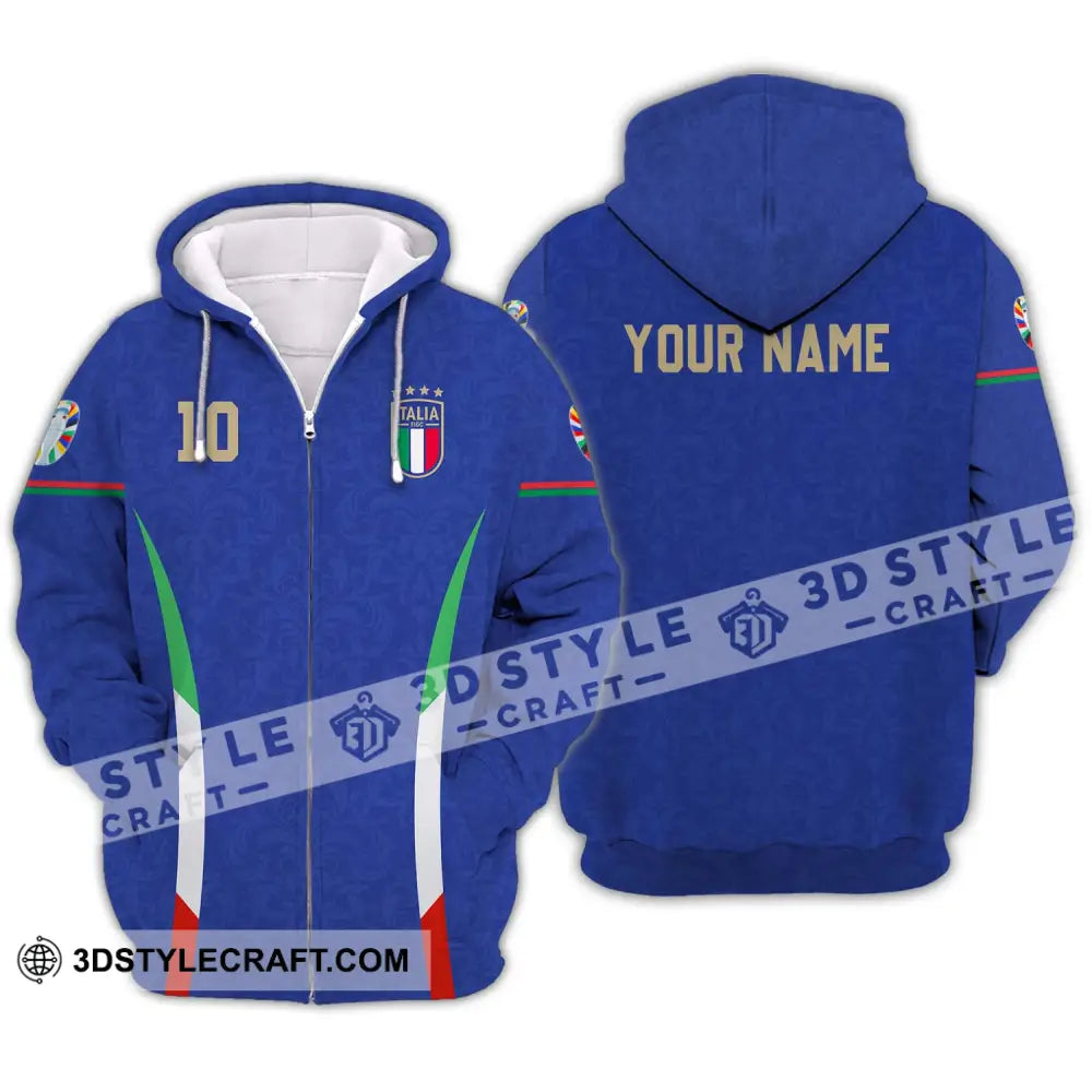 Unisex Shirt - Custom Name And Number Euro 2024 Italy National Team Blue Zipper Hoodie / S T-Shirt