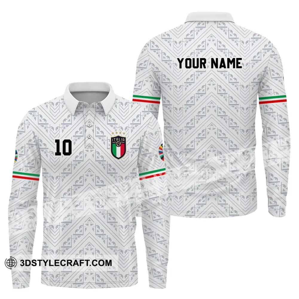 Unisex Shirt - Custom Name And Number Euro 2024 Italy White Line Long Sleeve Polo / S T-Shirt