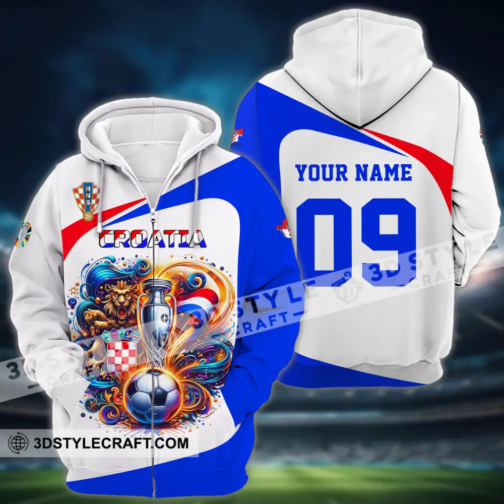 Unisex Shirt - Custom Name And Number Euro 2024 National Team Croatia Ball Cup Zipper Hoodie / S