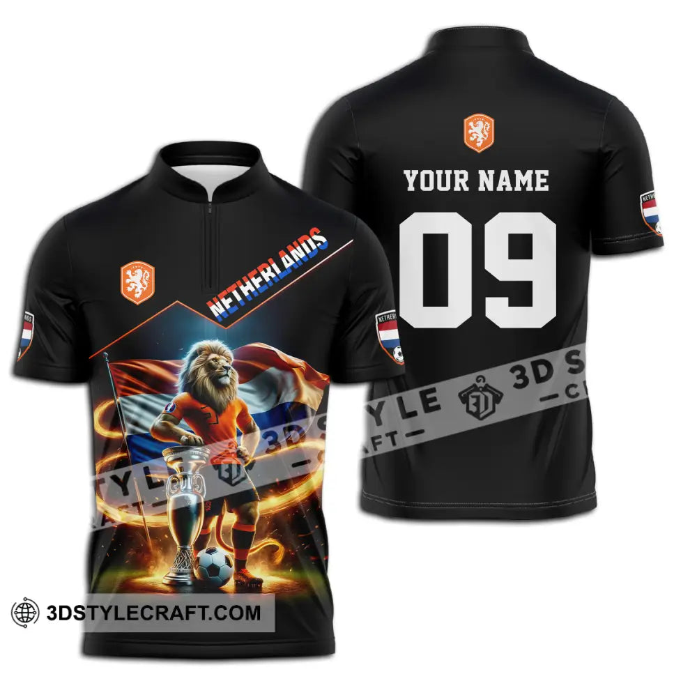 Unisex Shirt - Custom Name And Number Euro 2024 National Team Netherlands Lion Zipper Polo / S