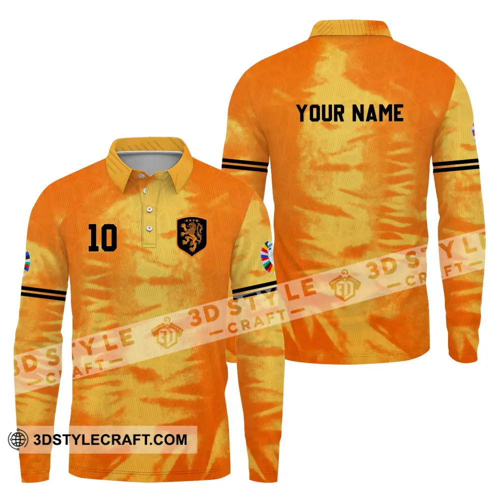 Unisex Shirt - Custom Name And Number Euro 2024 Orange Netherlands Long Sleeve Polo / S T-Shirt