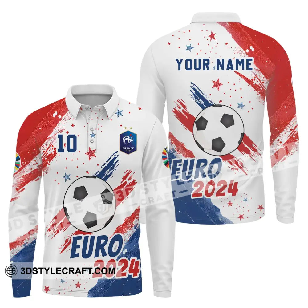 Unisex Shirt - Custom Name And Number France Team Light Stars Euro 2024 Long Sleeve Polo / S T-Shirt