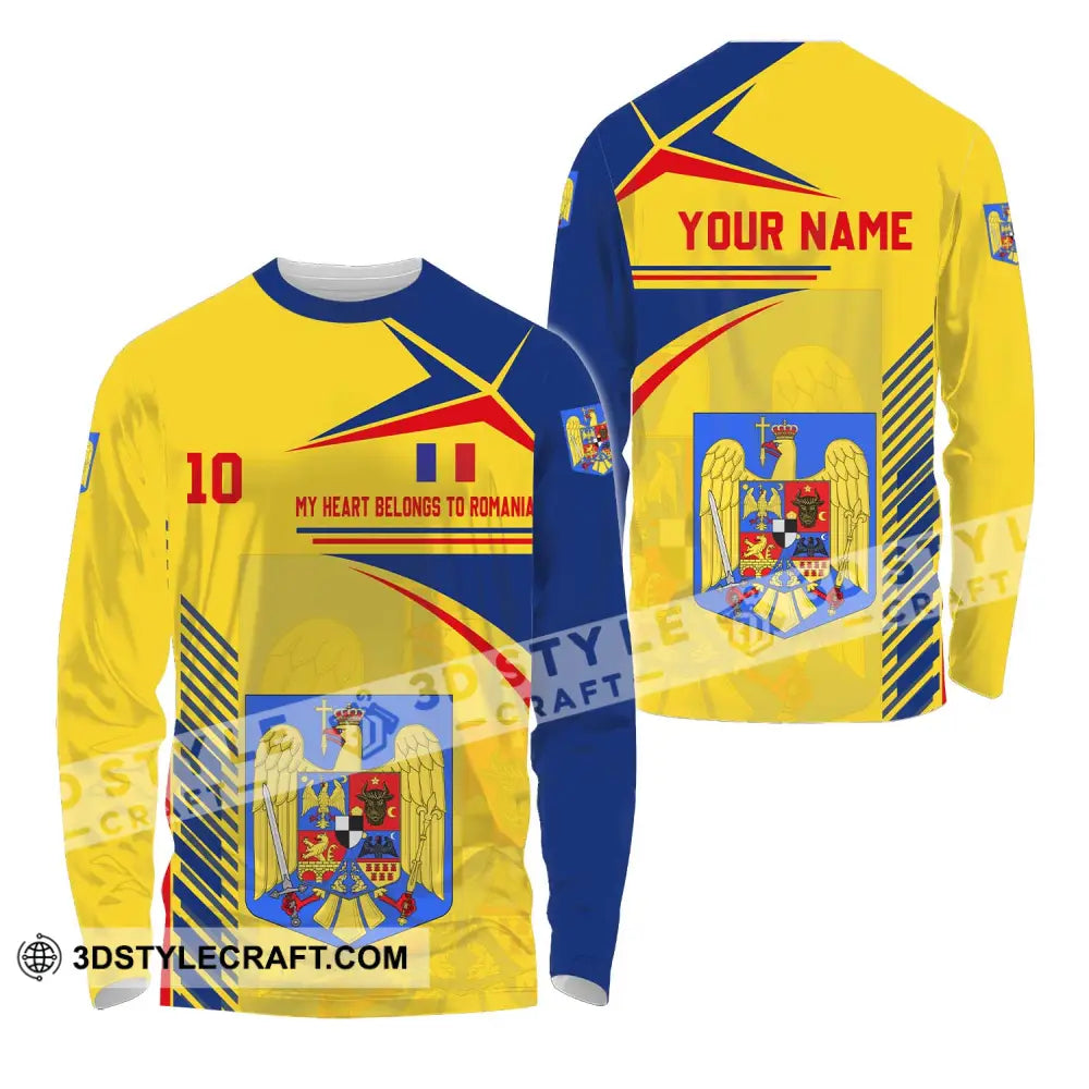 Unisex Shirt - Custom Name And Number National Team My Heart Belongs To Romania Long Sleeve / S