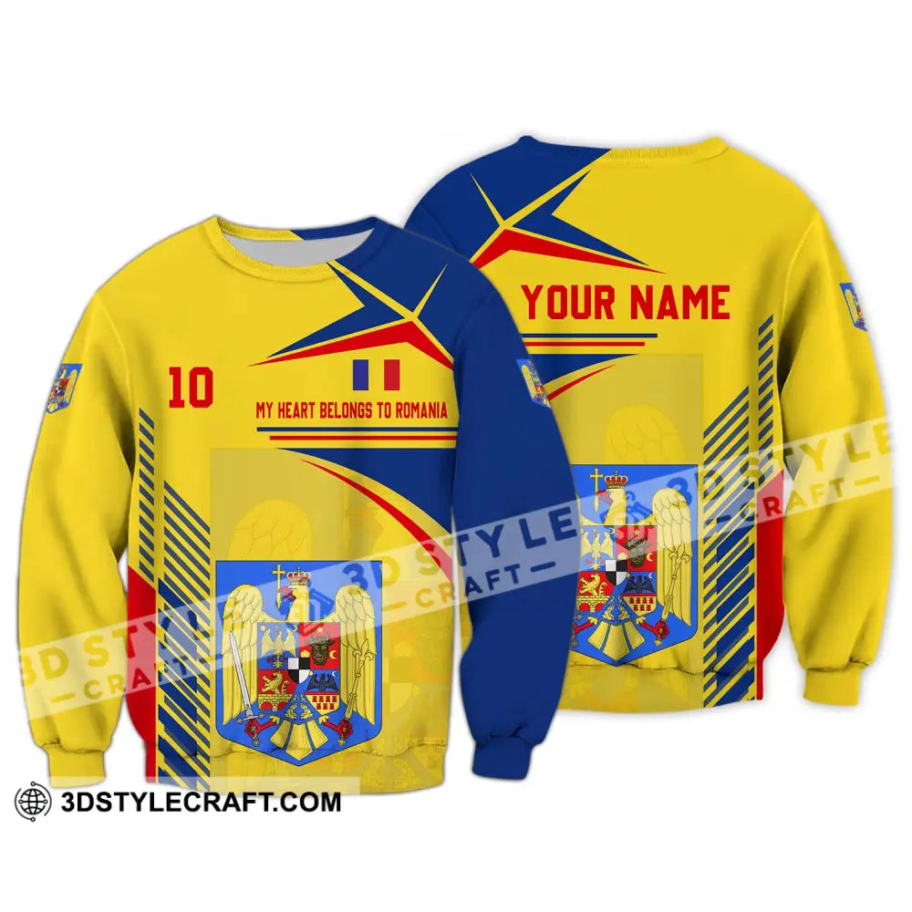 Unisex Shirt - Custom Name And Number National Team My Heart Belongs To Romania Long Sleeve / S