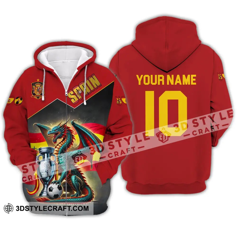 Unisex Shirt - Custom Name And Number National Team Spain Heart Ball Fly Dragon Zipper Hoodie / S