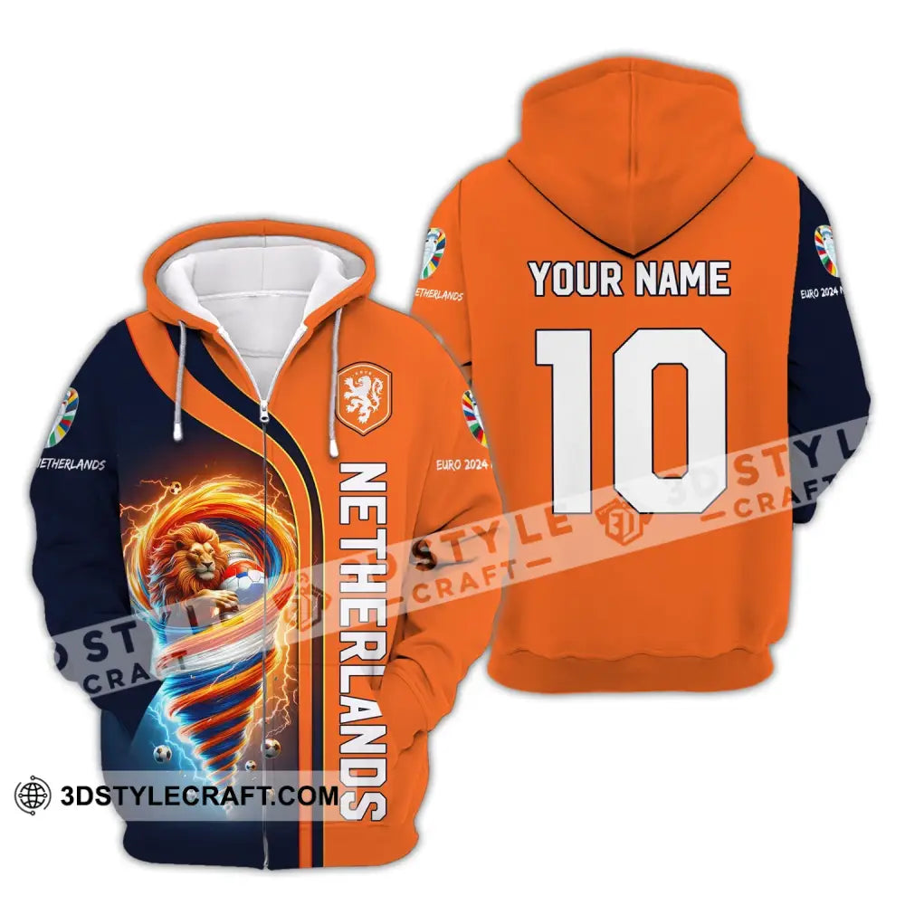 Unisex Shirt Custom Name And Number Netherlands Euro 2024 Football Polo Long Sleeve Zipper Hoodie /