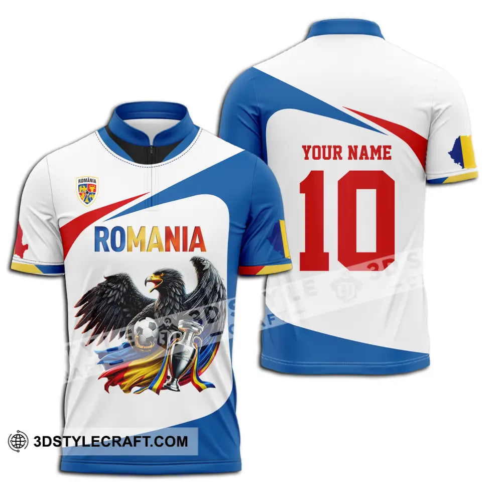 Unisex Shirt - Custom Name And Number Romania Eagle National Team Euro 2024 Cup Ball Zipper Polo /