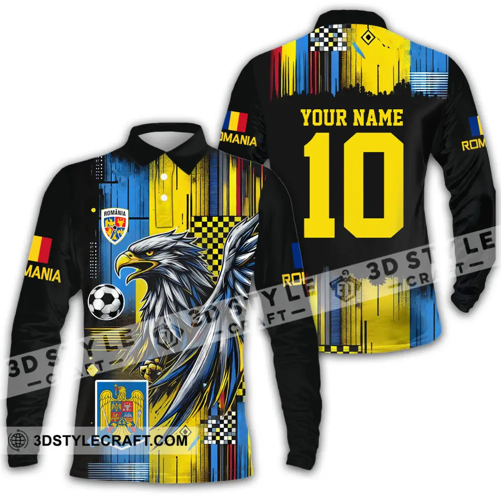 Unisex Shirt - Custom Name And Number Romania Enhance Long Sleeve Polo / S T-Shirt