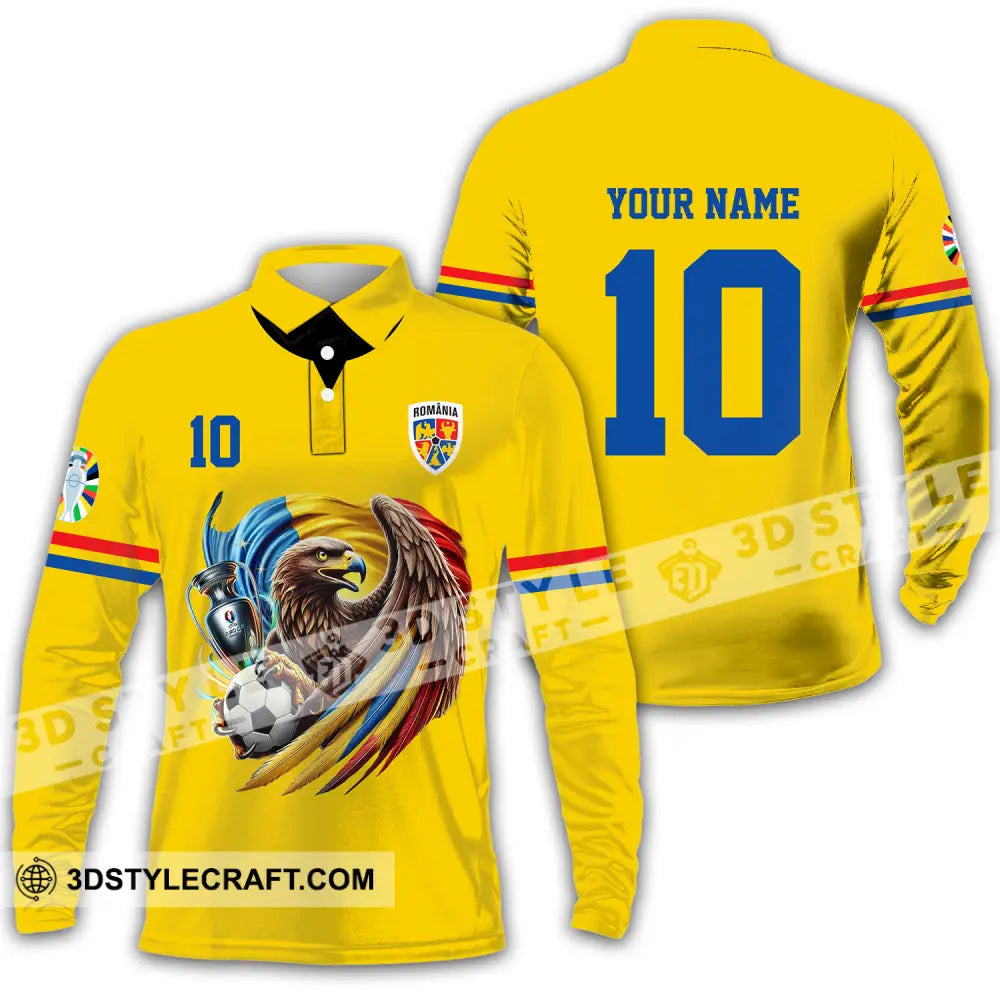 Unisex Shirt - Custom Name And Number Romania National Team Euro 2024 Cup Ball Long Sleeve Polo / S