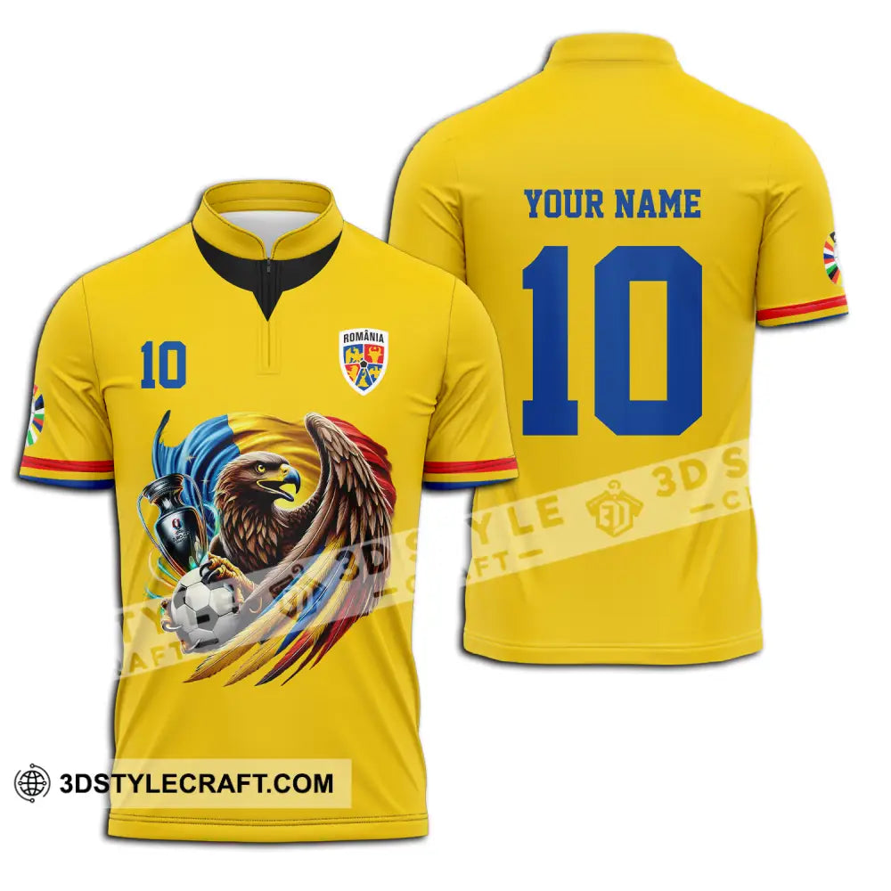 Unisex Shirt - Custom Name And Number Romania National Team Euro 2024 Cup Ball Zipper Polo / S