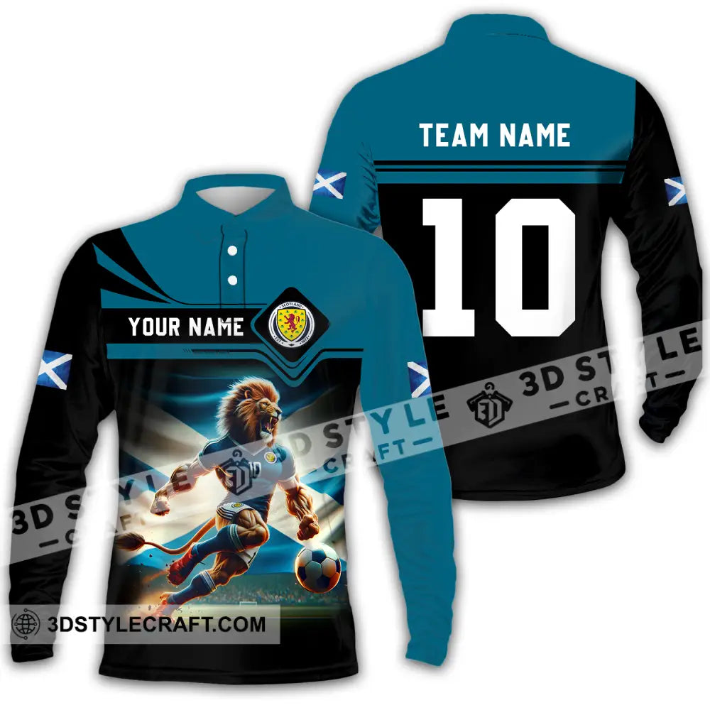 Unisex Shirt - Custom Name And Number Scotland Lion Playing Ball Long Sleeve Polo / S T-Shirt