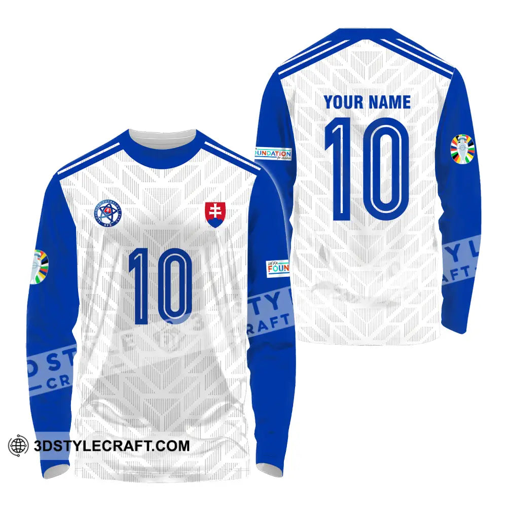 Unisex Shirt - Custom Name And Number Slovakia National Team White Blue Euro 2024 Long Sleeve / S