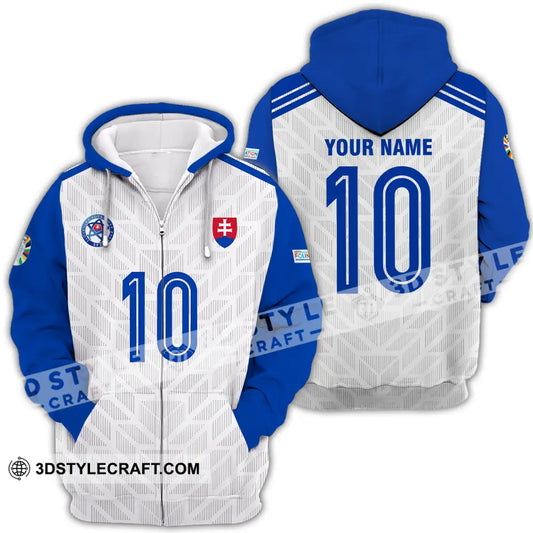 Unisex Shirt - Custom Name And Number Slovakia National Team White Blue Euro 2024 Zipper Hoodie / S