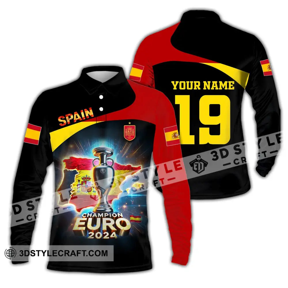 Unisex Shirt Custom Name And Number Spain Football Euro 2024 Polo Long Sleeve / S T-Shirt