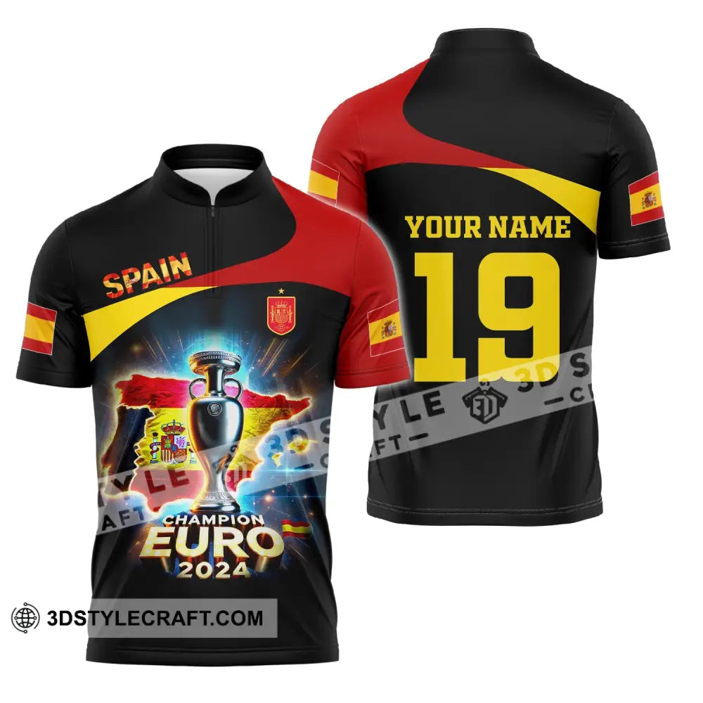 Unisex Shirt Custom Name And Number Spain Football Euro 2024 Polo Long Sleeve Zipper / S T-Shirt