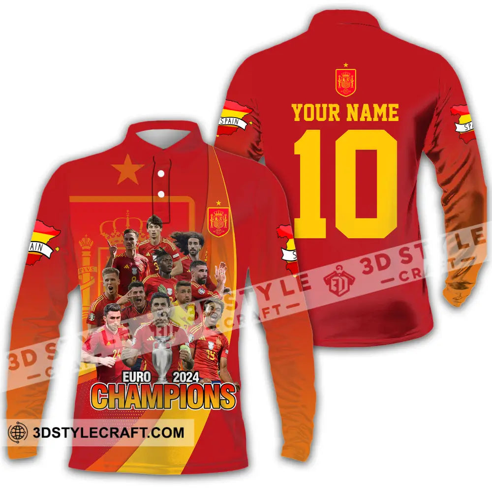 Unisex Shirt - Custom Name And Number Sport Euro 2024 Champion Spain Long Sleeve Polo / S T-Shirt