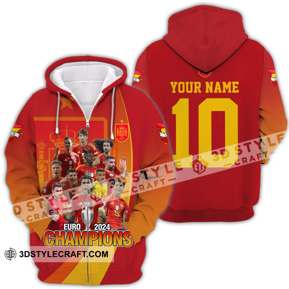 Unisex Shirt - Custom Name And Number Sport Euro 2024 Champion Spain Zipper Hoodie / S T-Shirt