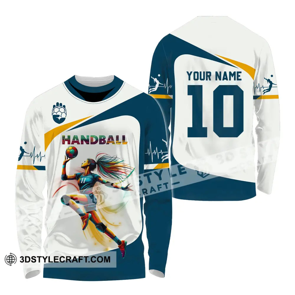 Unisex Shirt - Custom Name And Number Sport Handball White Blue Classic Long Sleeve / S T-Shirt