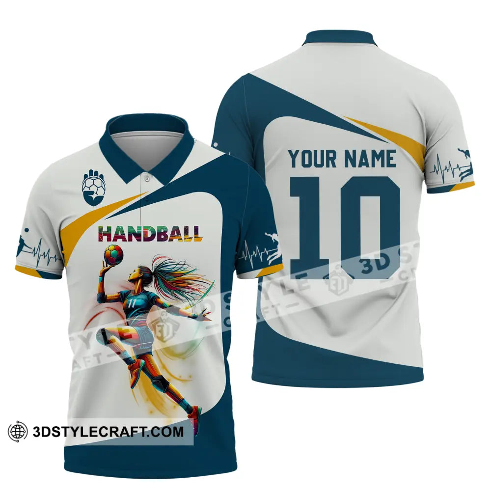 Unisex Shirt - Custom Name And Number Sport Handball White Blue Classic Polo / S T-Shirt