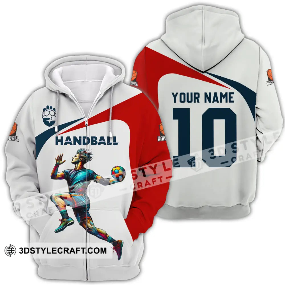 Unisex Shirt - Custom Name And Number Sport Handball White Red Classic Zipper Hoodie / S T-Shirt