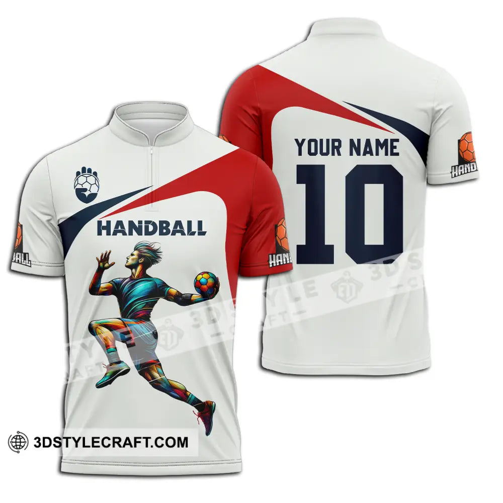 Unisex Shirt - Custom Name And Number Sport Handball White Red Classic Zipper Polo / S T-Shirt