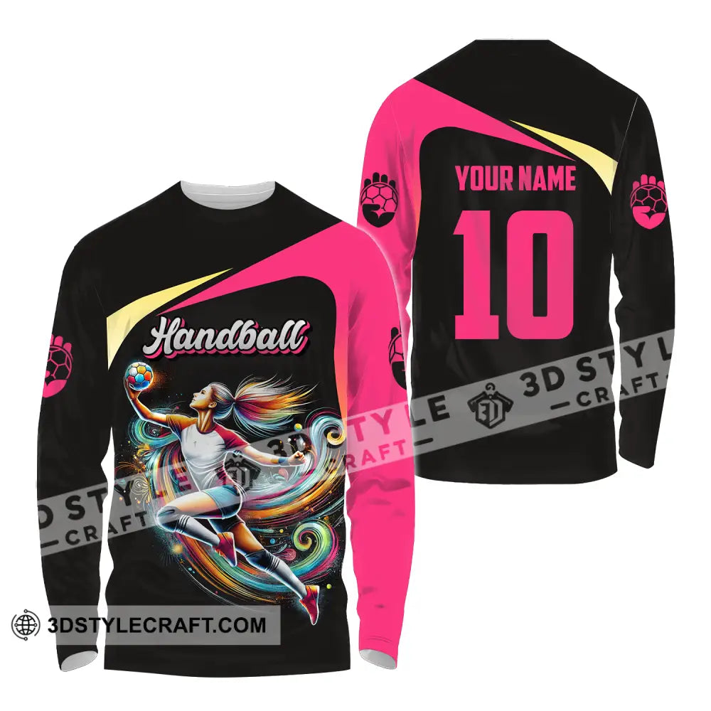 Unisex Shirt - Custom Name And Number Sport Hot Pink Handball Long Sleeve / S T-Shirt