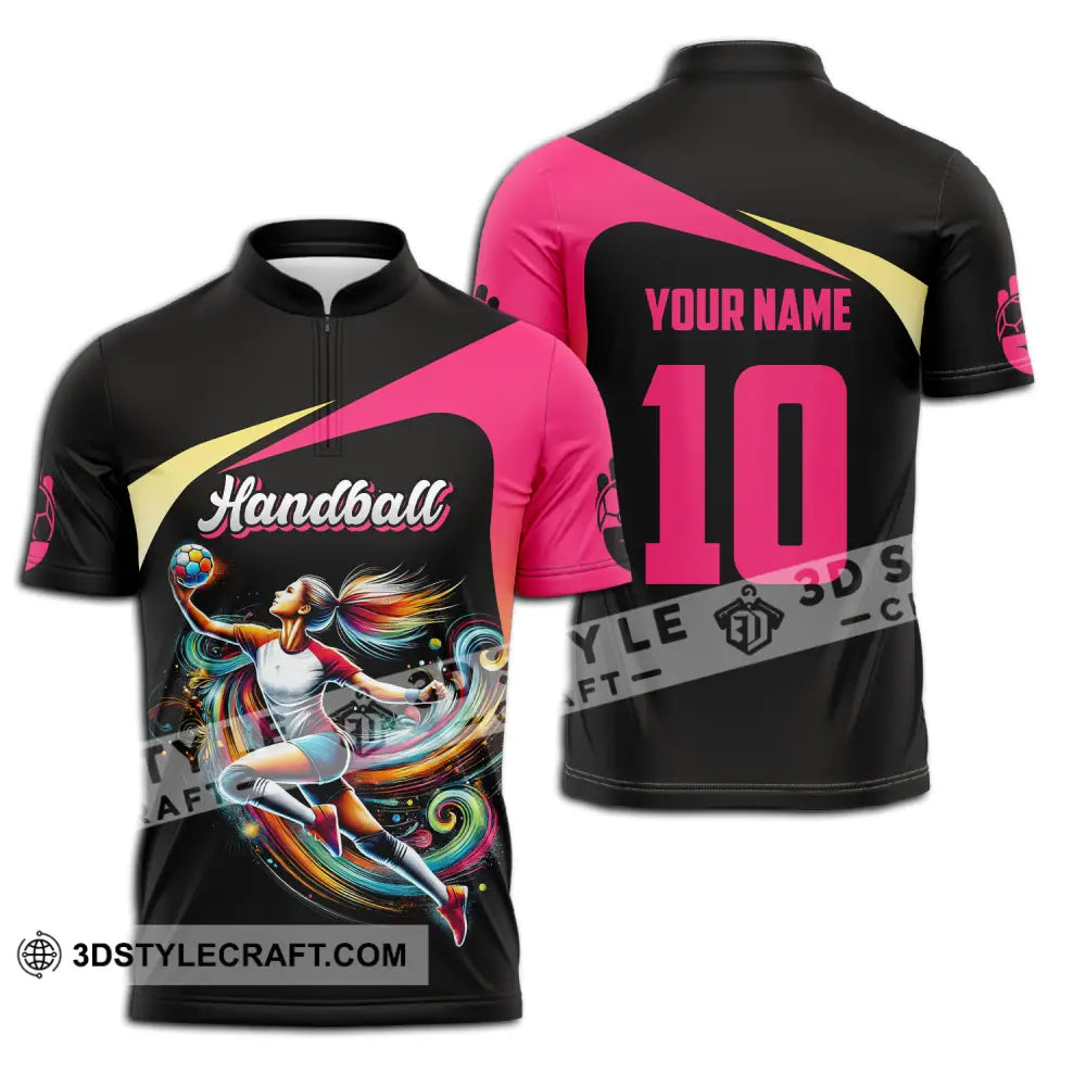 Unisex Shirt - Custom Name And Number Sport Hot Pink Handball Zipper Polo / S T-Shirt