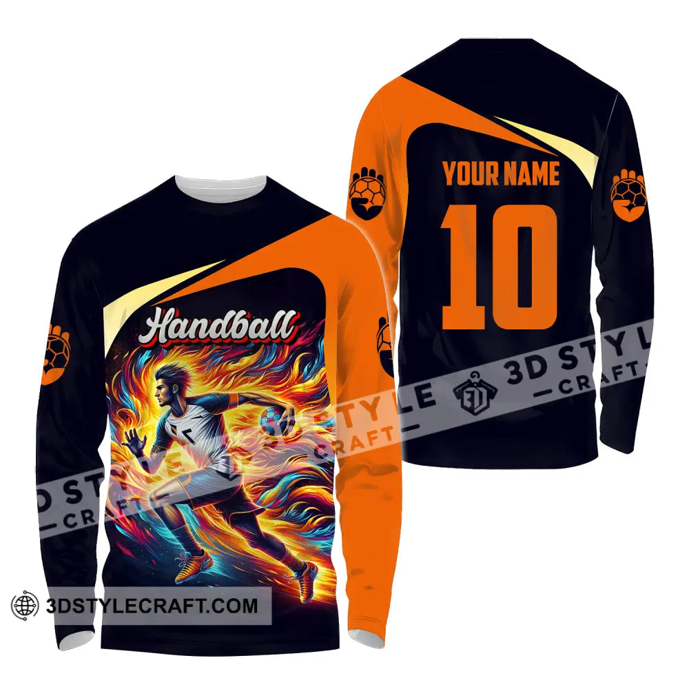 Unisex Shirt - Custom Name And Number Sport Orange Handball Long Sleeve / S T-Shirt