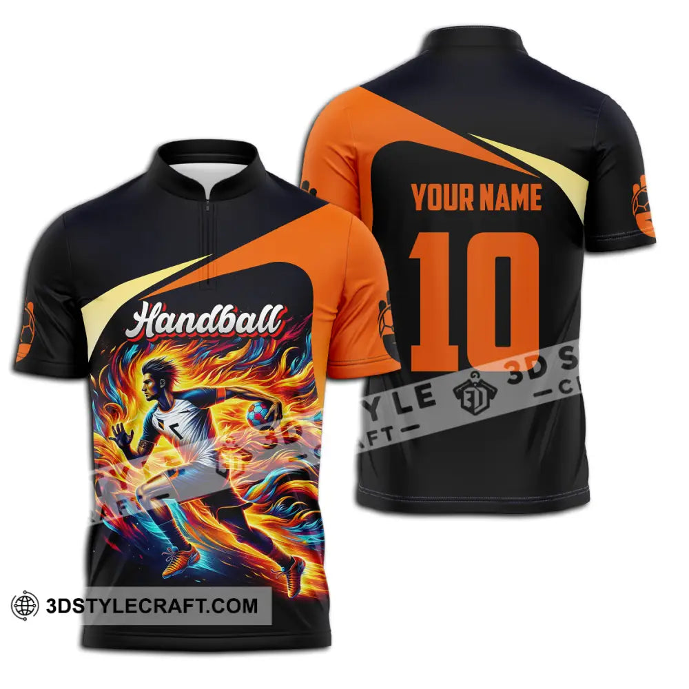 Unisex Shirt - Custom Name And Number Sport Orange Handball Zipper Polo / S T-Shirt