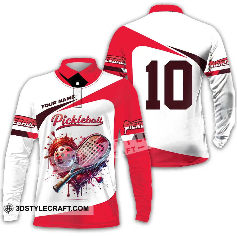 Unisex Shirt - Custom Name And Number Sport Pickleball Red White Long Sleeve Polo / S T-Shirt