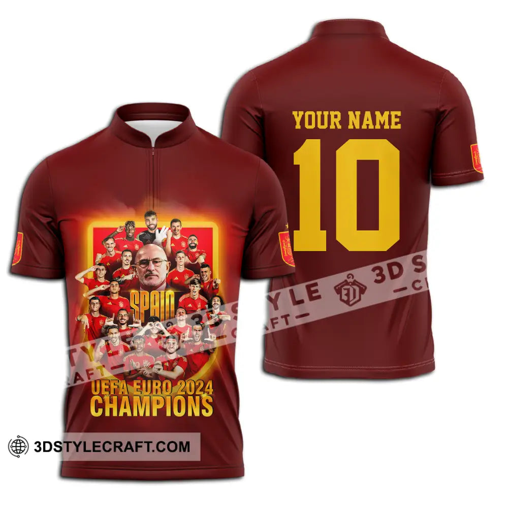 Unisex Shirt - Custom Name And Number Sport Spain Euro 2024 Champion Zipper Polo / S T-Shirt